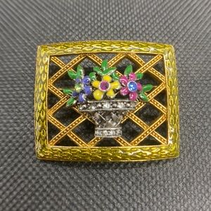 Joan Rivers flower basket framed rhinestone enamel pin brooch